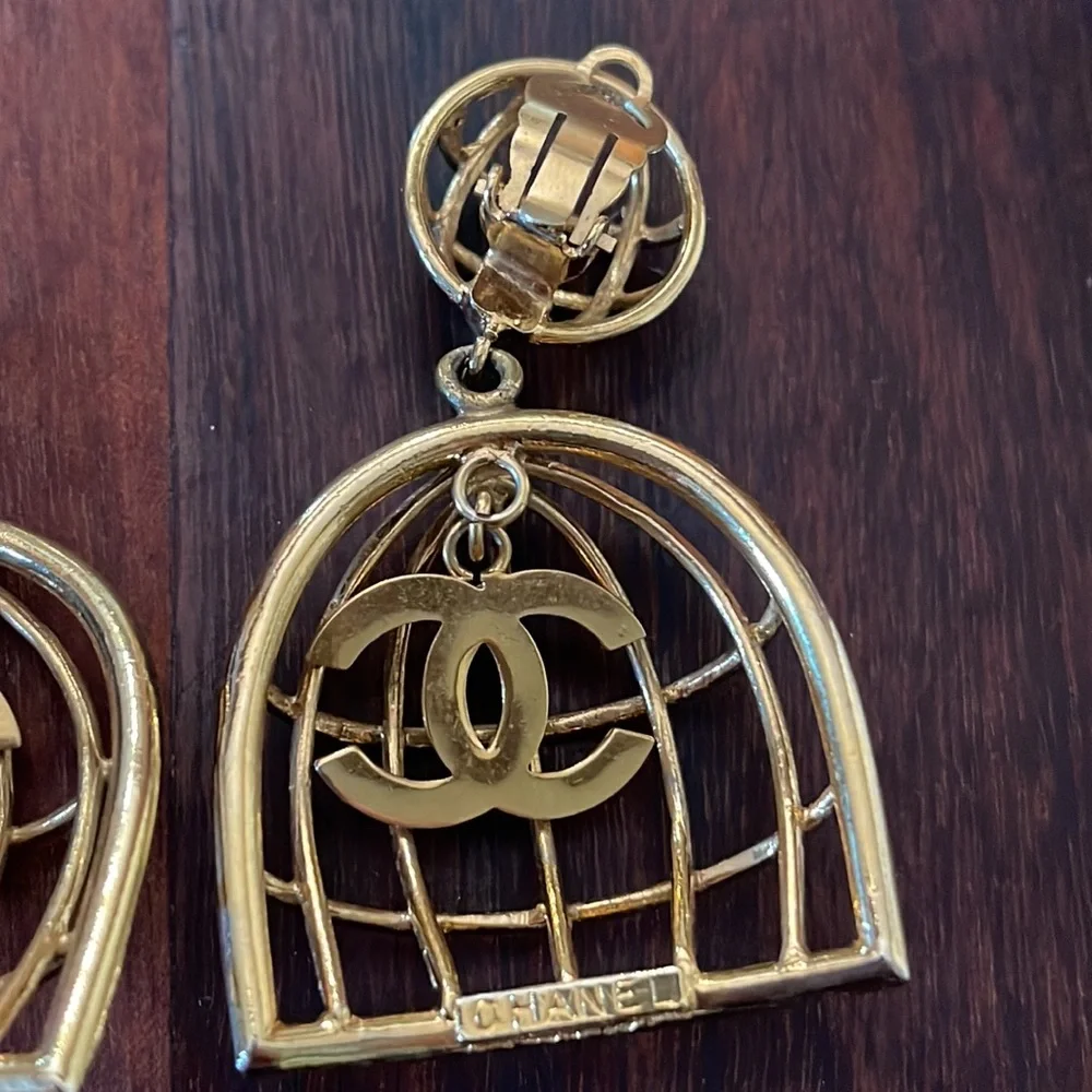 Chanel Large Birdcage 1990’s Gold Earrings with Box CC Vintage Iconic